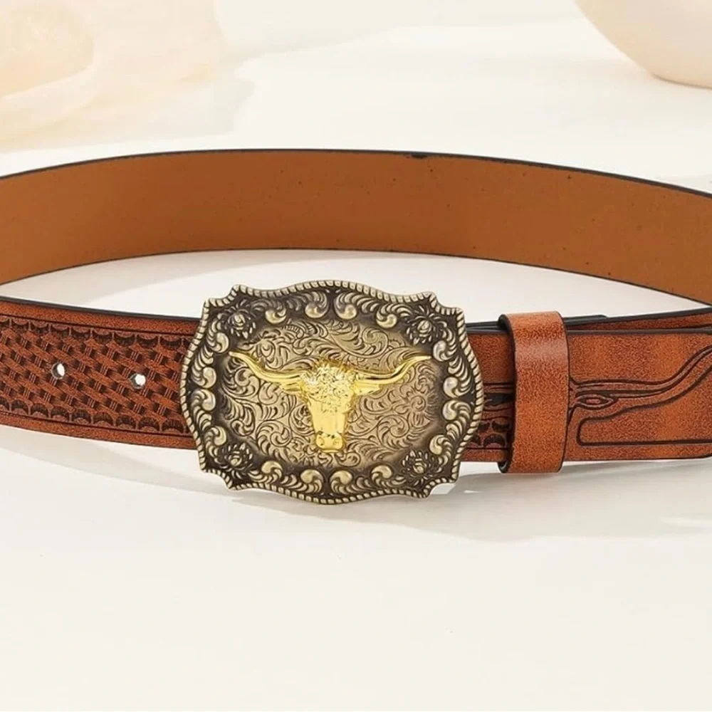 Brown Leather Belt with Gold Buckle